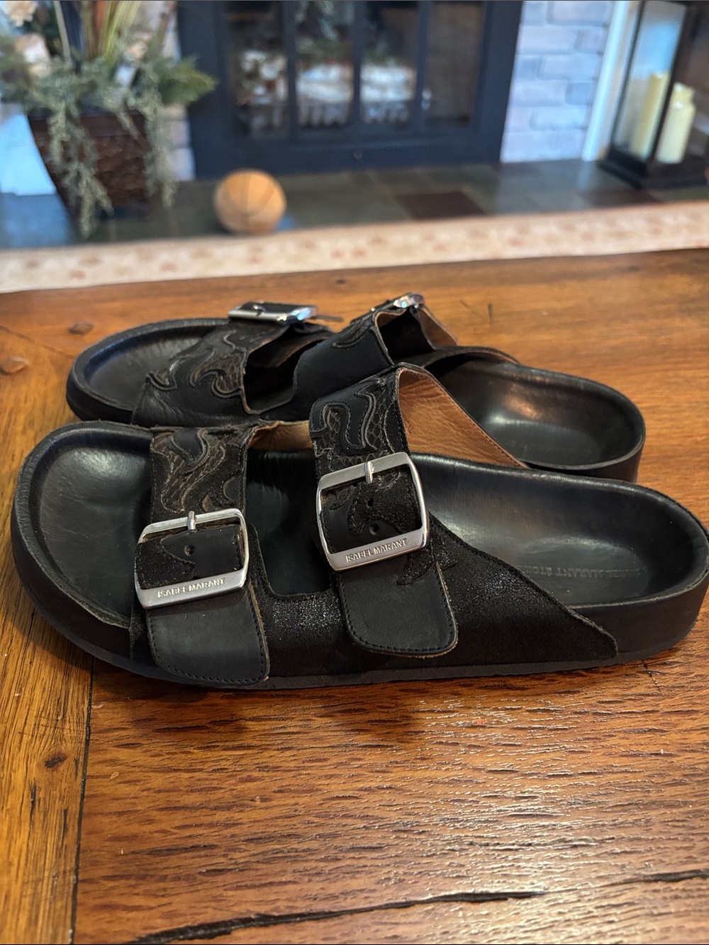 Isabel Marant Boop Black Leather Double-Buckle Slide Sandals